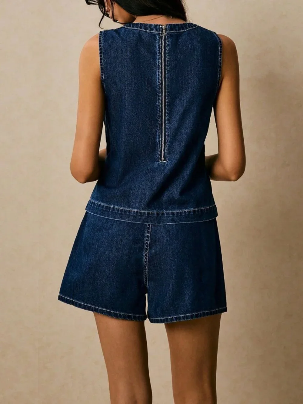 Blue Casual Women's Dark Wash Denim Shorts And Top Two Piece Set